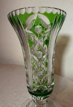 Vintage handmade green Czech cut to clear crystal glass tall ornate flower vase