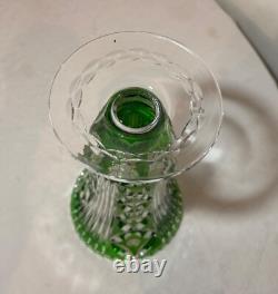 Vintage handmade green Czech cut to clear crystal glass tall ornate flower vase