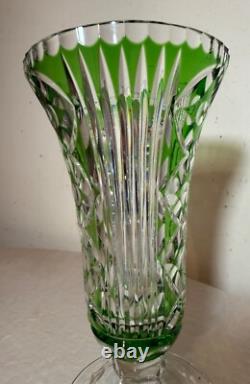 Vintage handmade green Czech cut to clear crystal glass tall ornate flower vase
