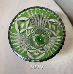 Vintage handmade green Czech cut to clear crystal glass tall ornate flower vase