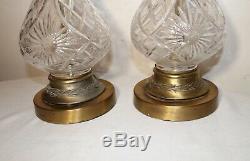 Vintage pair of 2 cut etched clear crystal glass brass electric table lamps
