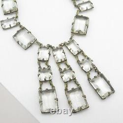 Vtg 1930s Art Deco Signed Czech Emerald Cut Glass Crystal Dangle Necklace