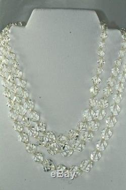 Vtg 1950's Triple Stand Heavy Lead Crystal Unusual Cut Glass Beads Necklace