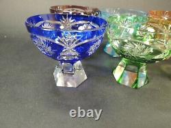 Vtg. 6 Multi Colored Bohemian Cut to Clear Crystal liqueur or cordial glasses
