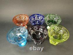 Vtg. 6 Multi Colored Bohemian Cut to Clear Crystal liqueur or cordial glasses