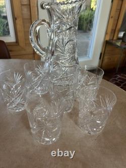 Vtg American Brilliant Cut Crystal Water Pitcher & 6 Water/whiskey Glasses