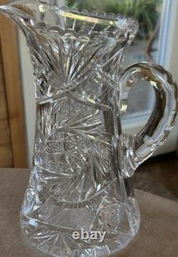 Vtg American Brilliant Cut Crystal Water Pitcher & 6 Water/whiskey Glasses