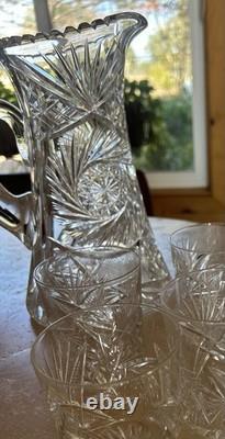 Vtg American Brilliant Cut Crystal Water Pitcher & 6 Water/whiskey Glasses