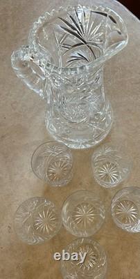Vtg American Brilliant Cut Crystal Water Pitcher & 6 Water/whiskey Glasses