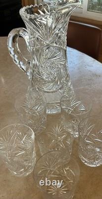 Vtg American Brilliant Cut Crystal Water Pitcher & 6 Water/whiskey Glasses