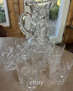 Vtg American Brilliant Cut Crystal Water Pitcher & 6 Water/whiskey Glasses
