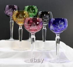 Vtg Bohemian Cut to Clear Multi-Colored Crystal 7.5 Wine Hocks Set of 6