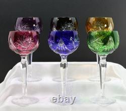 Vtg Bohemian Cut to Clear Multi-Colored Crystal 7.5 Wine Hocks Set of 6