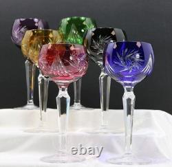 Vtg Bohemian Cut to Clear Multi-Colored Crystal 7.5 Wine Hocks Set of 6