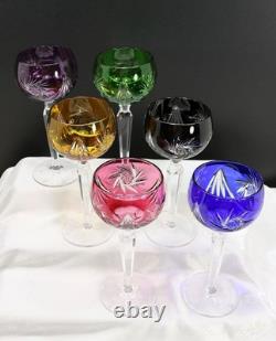 Vtg Bohemian Cut to Clear Multi-Colored Crystal 7.5 Wine Hocks Set of 6