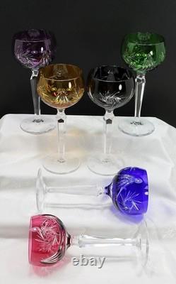Vtg Bohemian Cut to Clear Multi-Colored Crystal 7.5 Wine Hocks Set of 6