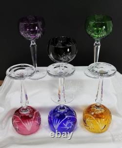 Vtg Bohemian Cut to Clear Multi-Colored Crystal 7.5 Wine Hocks Set of 6