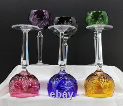 Vtg Bohemian Cut to Clear Multi-Colored Crystal 7.5 Wine Hocks Set of 6