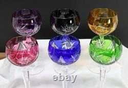Vtg Bohemian Cut to Clear Multi-Colored Crystal 7.5 Wine Hocks Set of 6