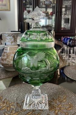 Vtg Bohemian Emerald Green Crystal Cut Glass Covered Vase. 15 Tall