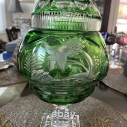 Vtg Bohemian Emerald Green Crystal Cut Glass Covered Vase. 15 Tall