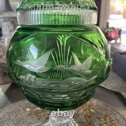 Vtg Bohemian Emerald Green Crystal Cut Glass Covered Vase. 15 Tall