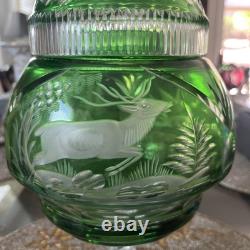 Vtg Bohemian Emerald Green Crystal Cut Glass Covered Vase. 15 Tall