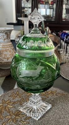 Vtg Bohemian Emerald Green Crystal Cut Glass Covered Vase. 15 Tall