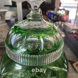 Vtg Bohemian Emerald Green Crystal Cut Glass Covered Vase. 15 Tall
