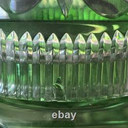 Vtg Bohemian Emerald Green Crystal Cut Glass Covered Vase. 15 Tall