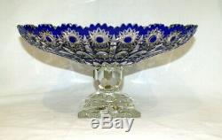 Vtg Cobalt Blue Czech Bohemian Lead Crystal Cut To Clear Heavy Pedestal Bowl