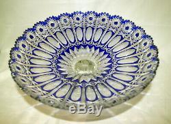 Vtg Cobalt Blue Czech Bohemian Lead Crystal Cut To Clear Heavy Pedestal Bowl