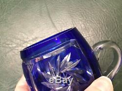 Vtg Crystal Glass Cobalt Blue Cut To Clear Lidded Punch Bowl Egg Nog & 12 Cups