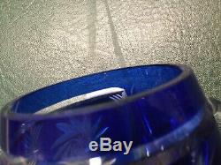 Vtg Crystal Glass Cobalt Blue Cut To Clear Lidded Punch Bowl Egg Nog & 12 Cups