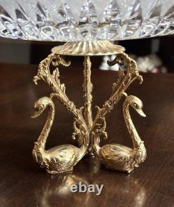 Vtg Cut Crystal Bowl Gold Tone Swan 3 Footed Base French Ormolu Cut Crystal