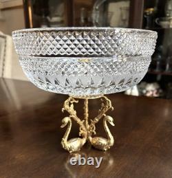 Vtg Cut Crystal Bowl Gold Tone Swan 3 Footed Base French Ormolu Cut Crystal