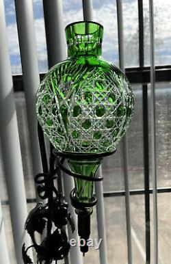 Vtg Emerald Green Cut To Clear Crystal Wine Dispenser with Reuge Musical Stand