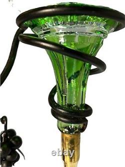 Vtg Emerald Green Cut To Clear Crystal Wine Dispenser with Reuge Musical Stand