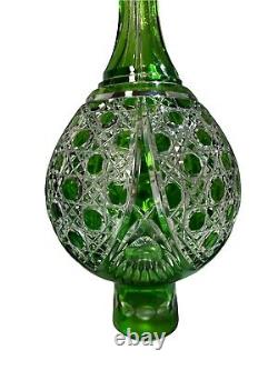 Vtg Emerald Green Cut To Clear Crystal Wine Dispenser with Reuge Musical Stand