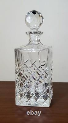 Vtg Heavy Lead Crystal Clear Cut Square Crosshatch Decanter With Stopper -5 lbs