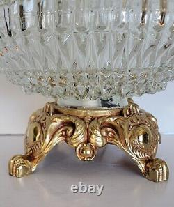 Vtg Mid Century Clear Cut Crystal Prism Glass Saucer & Brass Hollywood Lamp