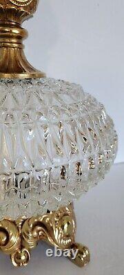 Vtg Mid Century Clear Cut Crystal Prism Glass Saucer & Brass Hollywood Lamp