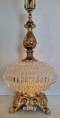 Vtg Mid Century Clear Cut Crystal Prism Glass Saucer & Brass Hollywood Lamp