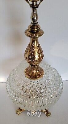 Vtg Mid Century Clear Cut Crystal Prism Glass Saucer & Brass Hollywood Lamp