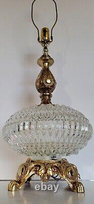 Vtg Mid Century Clear Cut Crystal Prism Glass Saucer & Brass Hollywood Lamp