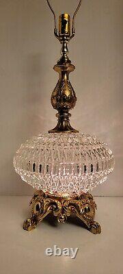 Vtg Mid Century Clear Cut Crystal Prism Glass Saucer & Brass Hollywood Lamp