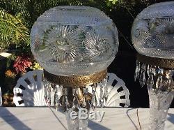 Vtg Pair Matching Huge 28 Inch Signed Cut Glass Crystal Table Lamp with Prisms