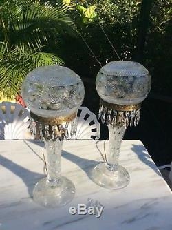 Vtg Pair Matching Huge 28 Inch Signed Cut Glass Crystal Table Lamp with Prisms
