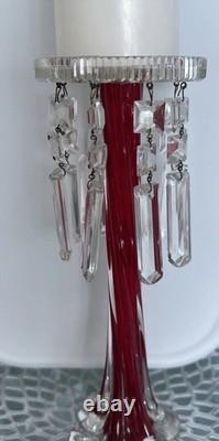 Vtg Ruby Red Hand-blown Glass Candleabras with Cut Crystal Prisms