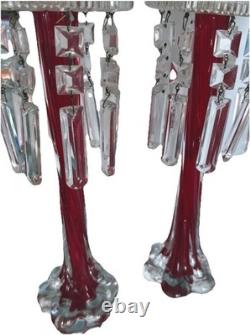 Vtg Ruby Red Hand-blown Glass Candleabras with Cut Crystal Prisms